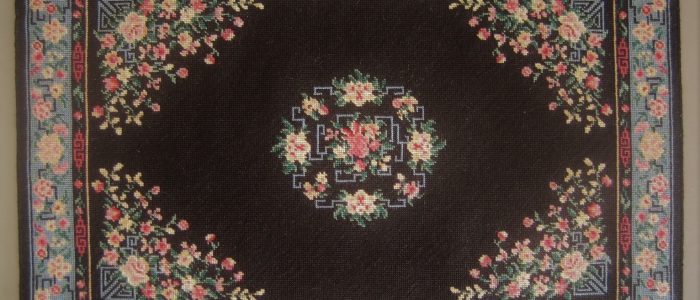 petit point miniature Oriental carpet worked on silk gauze