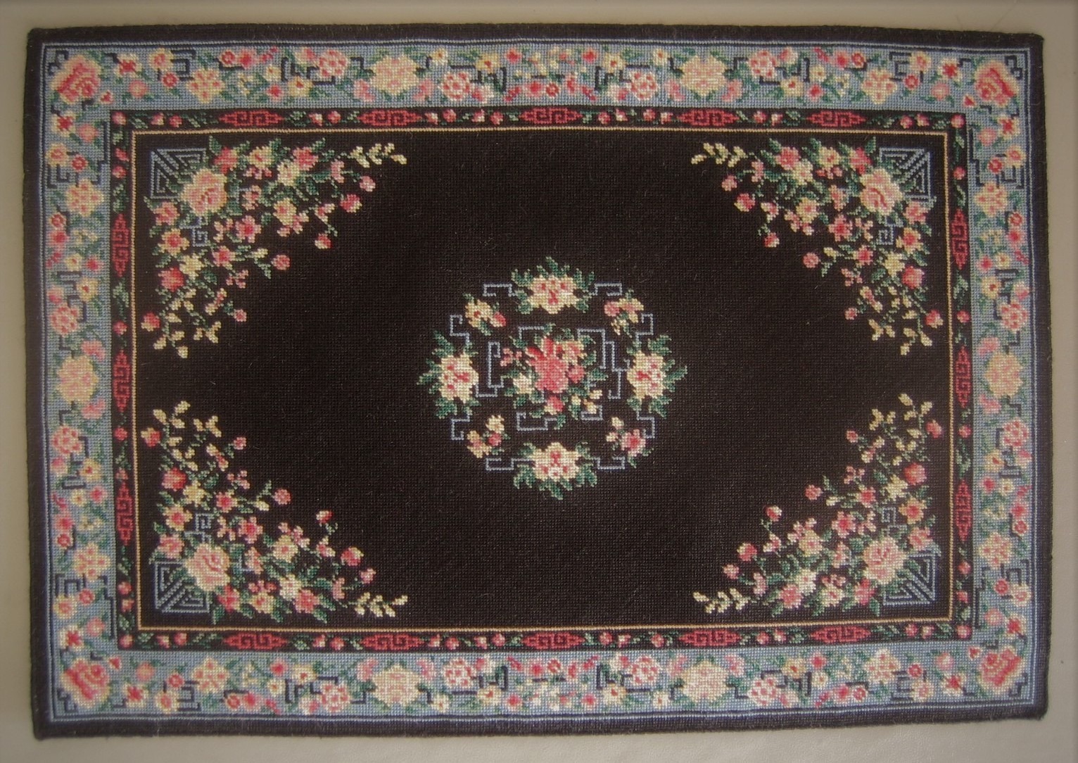 petit point miniature Oriental carpet worked on silk gauze
