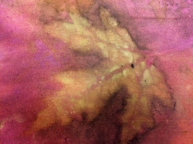 maple leaf image from eco print on silk dyed with cochineal